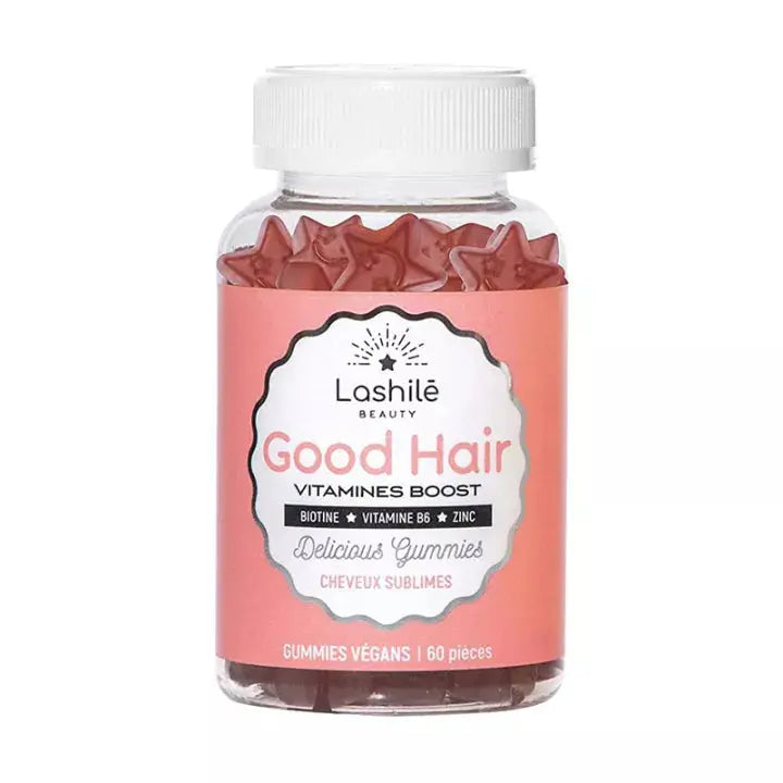 Bottle of Lashile Good Hair vitamins gummies on a white background