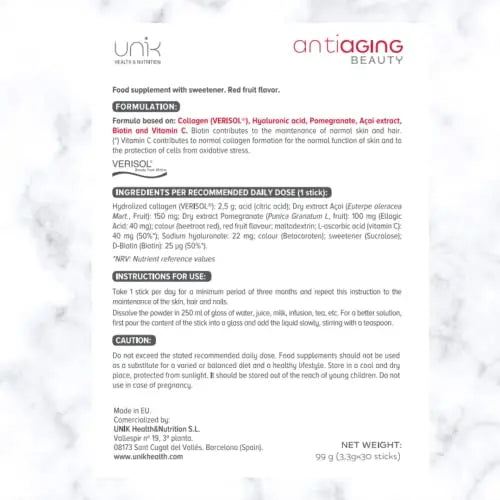Unik Antiaging Beauty | Hydrolysed Collagen VERISOL (5 Clinical Studies) with Hyaluronic Acid