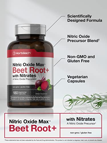 Nitric Oxide Beet Root Capsules | with Nitrates | 180 Count | Nitric Oxide Precursor | Vegetarian Horbäach Au supplements