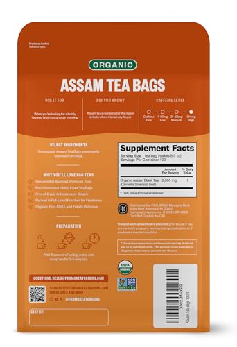 FGO Organic Assam Tea, Eco-Conscious Tea Bags, 100 Count, Packaging May Vary