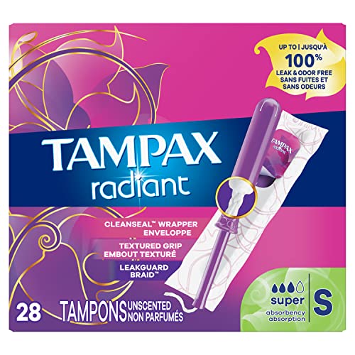 Tampax Radiant Tampons, Super Absorbency, With Leakguard Braid, Unscented, 28 Count