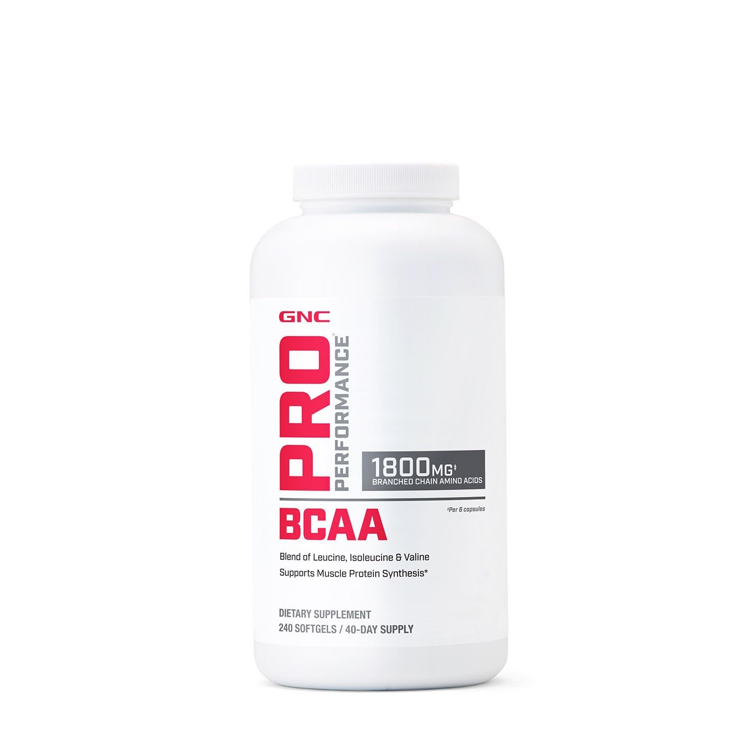 GNC Pro Performance BCAA 1.8g, 3rd Party Tested Supplement for Men & Women, Branched Chain Amino Acids, Essential Amino Acids Supports Muscle Protein Synthesis, 240 Softgels, 40 SVG GNC Au supplements