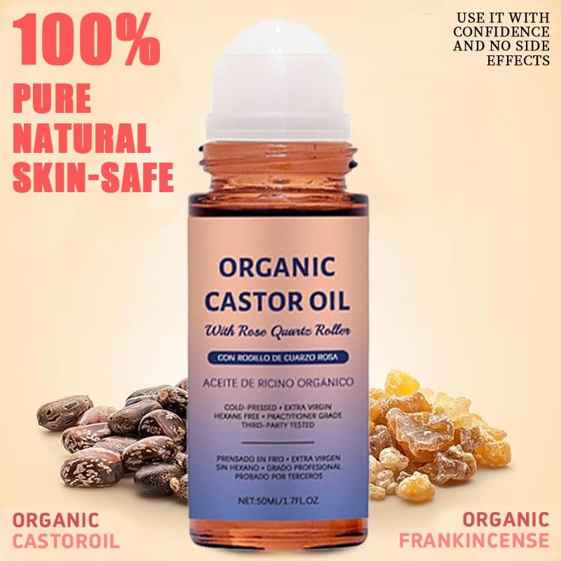 Organic Castor Oil with Rose Quartz Roller, Cold-Pressed Pure Organic Castor Oil Roller Ball for Hair Growth, Eyelashes, Eyebrows & Skin, 1.7 fl oz(1) Olavita Serum Au supplements