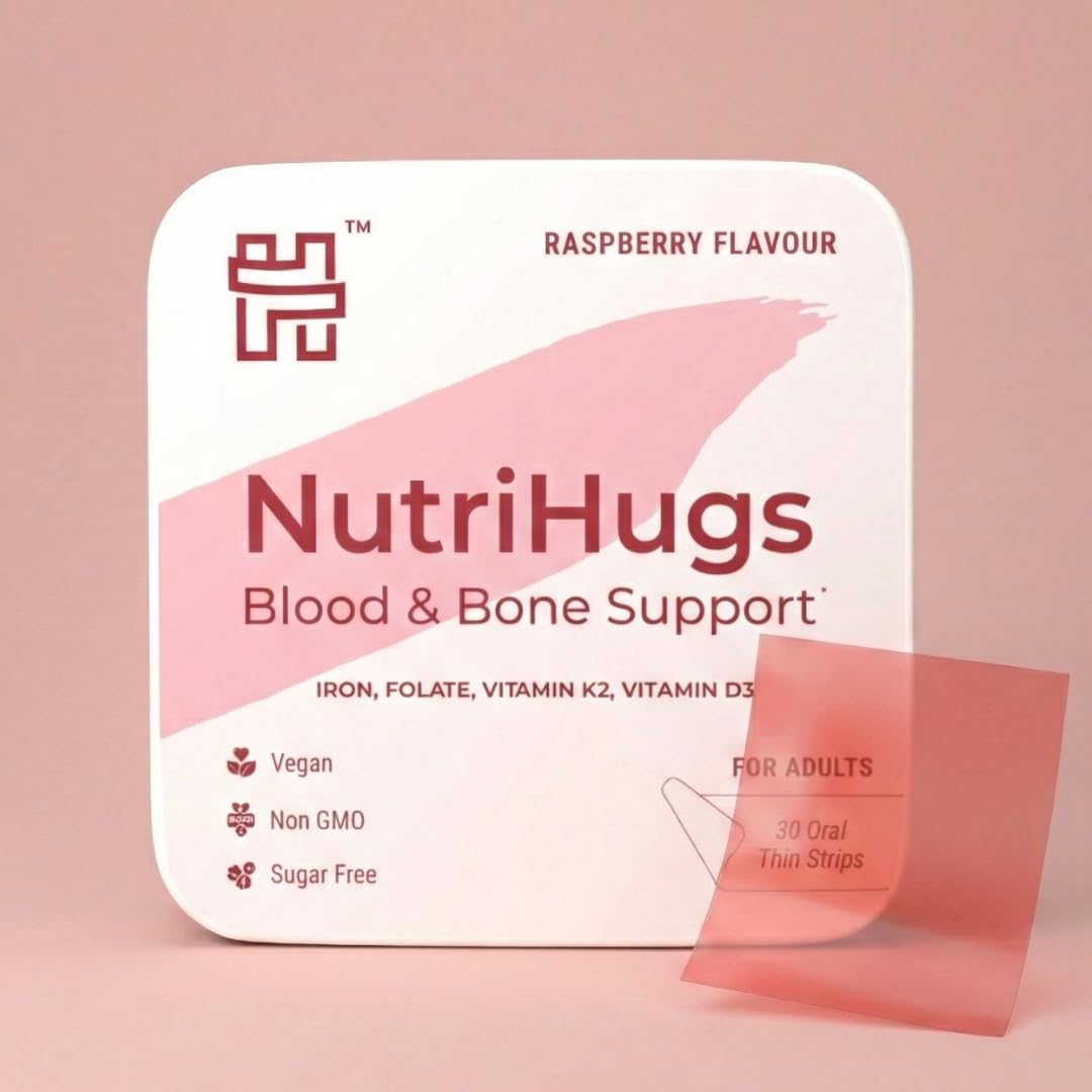 MedHugs NutriHugs Blood and Bone Support - Iron, Folate, Vitamin D3 and K2 - Fast-Dissolving Oral Thin Film Strips - Non-Constipating Iron - Vegan, Sugar-Free, Non-GMO - 30 Strips MedHugs Au supplements