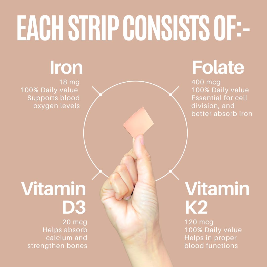 MedHugs NutriHugs Blood and Bone Support - Iron, Folate, Vitamin D3 and K2 - Fast-Dissolving Oral Thin Film Strips - Non-Constipating Iron - Vegan, Sugar-Free, Non-GMO - 30 Strips MedHugs Au supplements