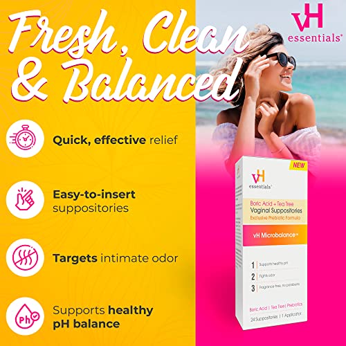 vH essentials Boric Acid + Tea Tree Vaginal Suppositories - Prebiotics Formula with Lactic Acid