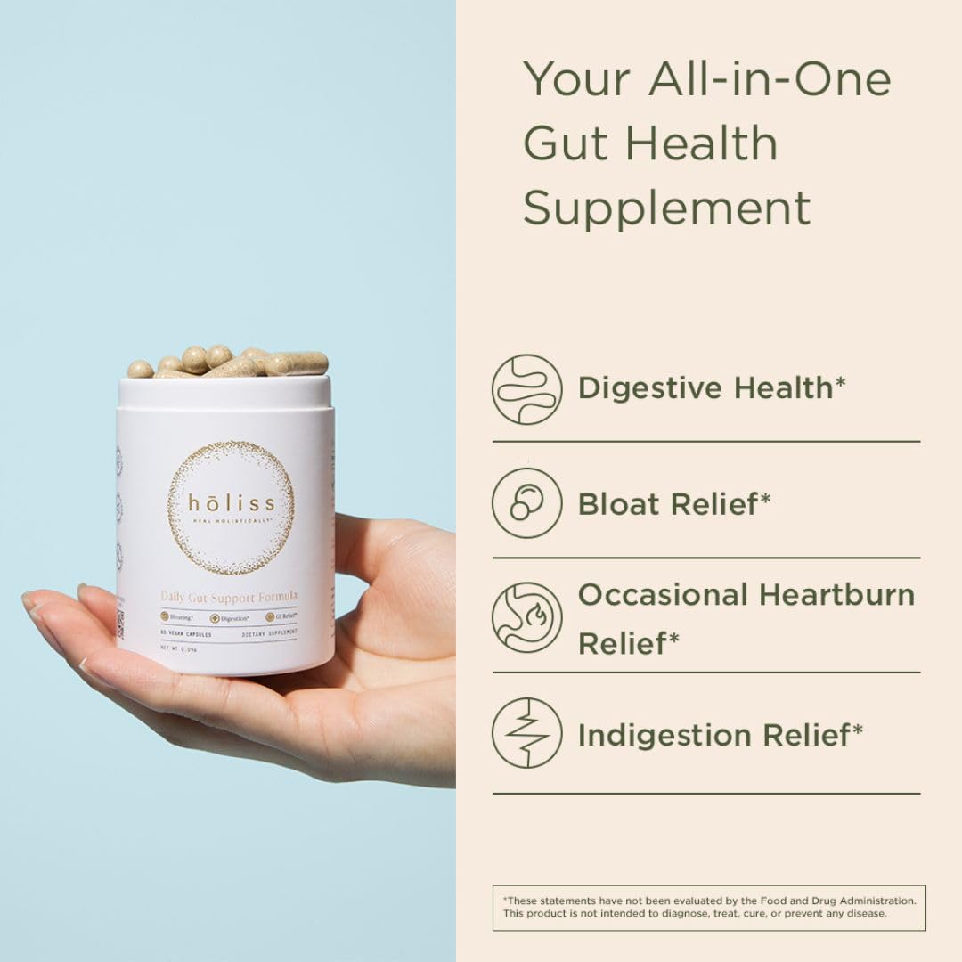 HOLISS Daily Gut Health Capsules – 8-in-1 All Natural Supplement, Lemon Balm, Bloat & Gas Relief, GI Lining Repair, Leaky Gut & Digestive Support – 60 Capsules HOLISS Au supplements