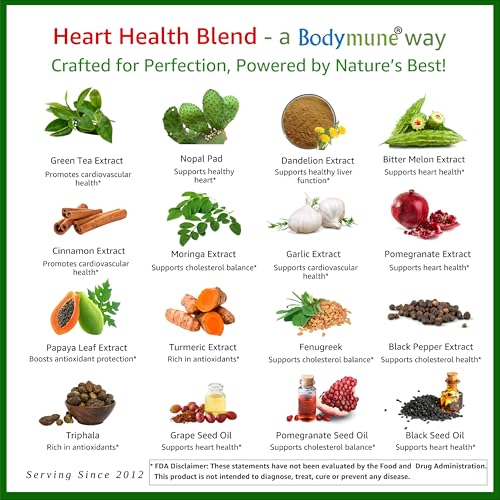 Bodymune Heart Health Blend Cholesterol Support – Organic Cardiovascular & Circulation Supplement – with Green Tea, Pomegranate & Black Seed Oil – 66 Capsules – USDA Organic, Vegan Bodymune Au supplements