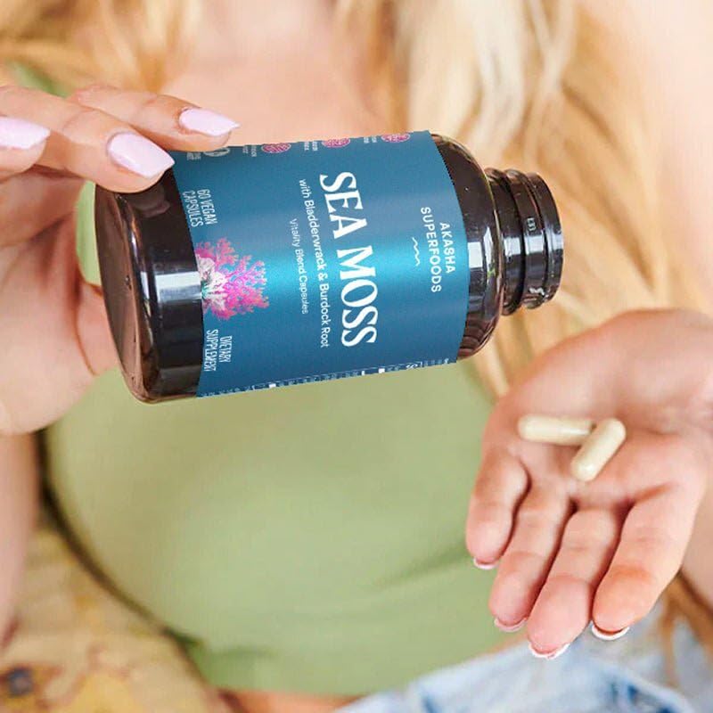 Akasha Superfoods Sea Moss Capsules, Organic Irish Moss with Bladderwrack Root, Burdock Root, and BioPerine, Skin, Thyroid, Digestion & Immunity Support for Women & Men, Gluten Free, Vegan, 60 Count Akasha Superfoods Au supplements