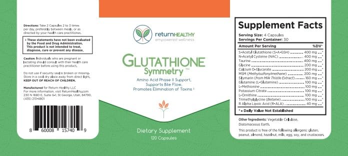 Return Healthy Glutathione Symmetry | S-Acetyl Glutathione Supplement | Antioxidants & Detoxification Supplement | Natural Cellular Support | All-Natural, Vegan, Non-GMO, 120 caps Return Healthy Au supplements