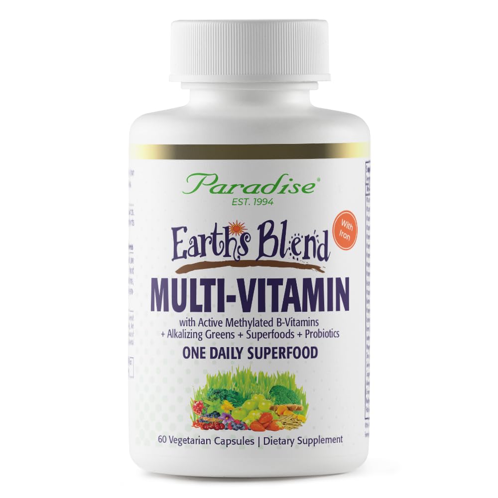 Paradise Herbs Earth's Blend Once Daily Multivitamin with Iron, 48 Organic Superfoods, Probiotics, Antioxidants, Vitamins A, B12, C, D, K2, 60 Capsules Paradise Herbs Au supplements