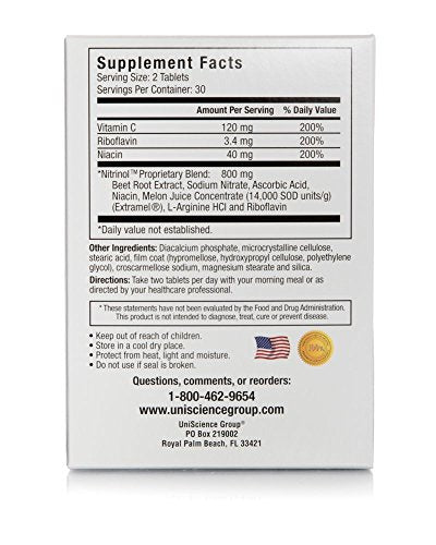 UniScience Group Nitrinol, Natural Nitric Oxide Booster with Beetroot Extract, 60 Tablets