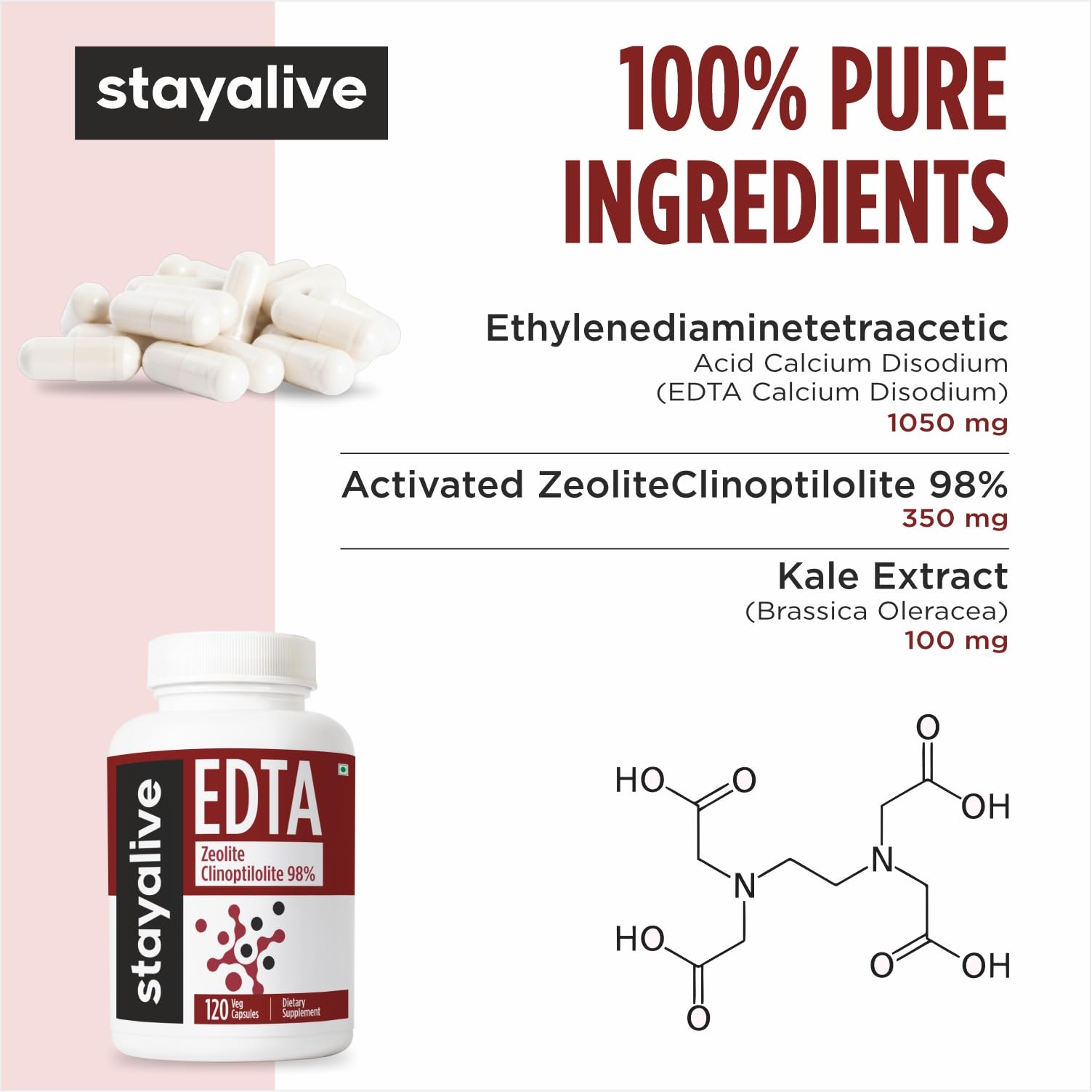STAY ALIVE EDTA Capsules 1500mg with Zeolite 98% and Kale Extract Powder, 120 Pills, Non-GMO & Gluten Free Calcium Disodium EDTA Supplement STAY ALIVE Au supplements