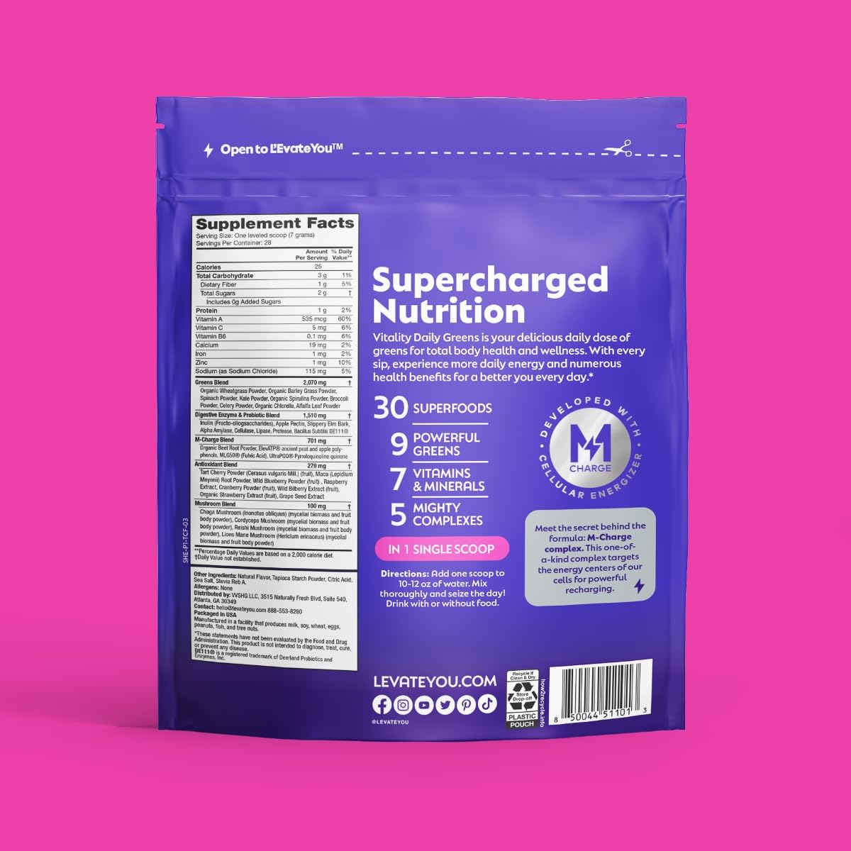 L'Evate You Vitality Daily Greens Powder (28 Servings) 30 Superfoods, 9 Greens - for a Cellular Energy Boost, Powered by M-Charge Complex for All Day Energy (Tart Cherry) Steve Harvey's L'Evate You Au supplements