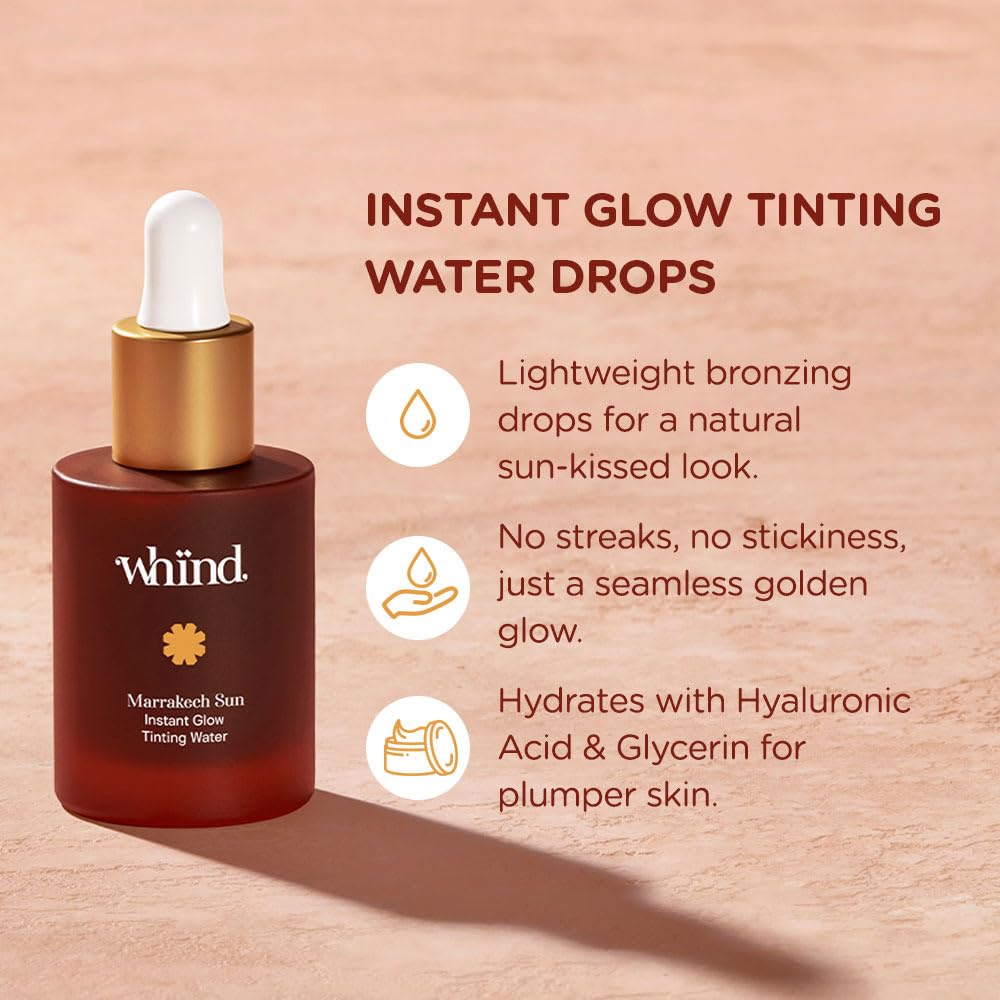 WHIND Marrakech Sun Instant Glow Tinting Water- Self Tanner Face Drops –Bronzing for Face –Lightweight Tanner/Natural Tan- Streak-Free Glow – Tan Drops for Radiant Skin - 1oz / 30ml WHIND Au supplements