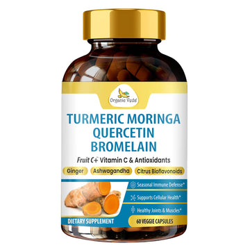 Organic Veda Turmeric Moringa Quercetin with Bromelain Capsules - Fruit C+ Vitamin C Antioxidants Immune System & Respiratory Supplement - Ashwagandha, Ginger, Citrus Bioflavonoids, 60 Vegan Capsule Organic Veda Au supplements
