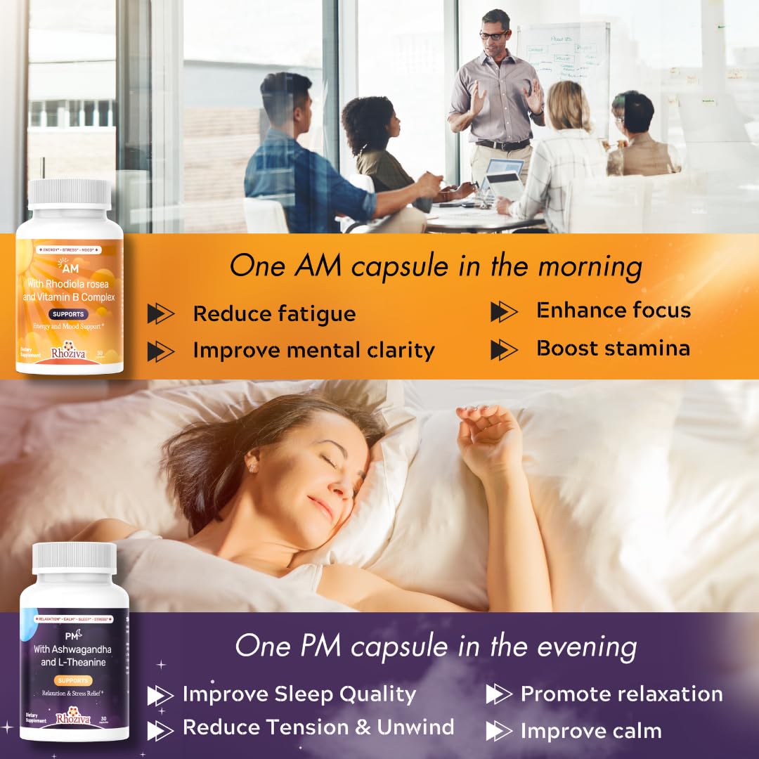 AM PM Multivitamin - Cortisol Supplements for Women and Men with L-Theanine, Ashwagandha - Rhodiola Rosea Supplement 200mg - Vitamin B Complex - Nootropics - Day and Night Vitamins for Women & Men Rhoziva Au supplements
