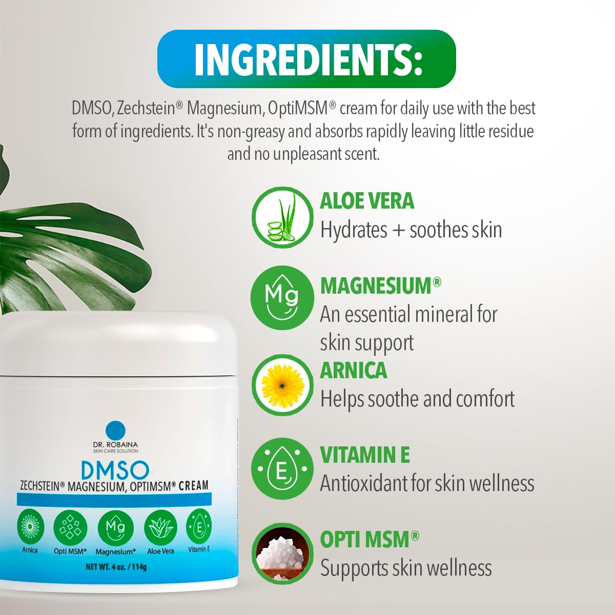 Dr. Robaina DMSO Cream – 99.9% Pure Dimethyl Sulfoxide | Formula with Zechstein Magnesium, Arnica, Aloe Vera & Vitamin E | Topical Cream for Body Wellness Dr. Robaina Au supplements