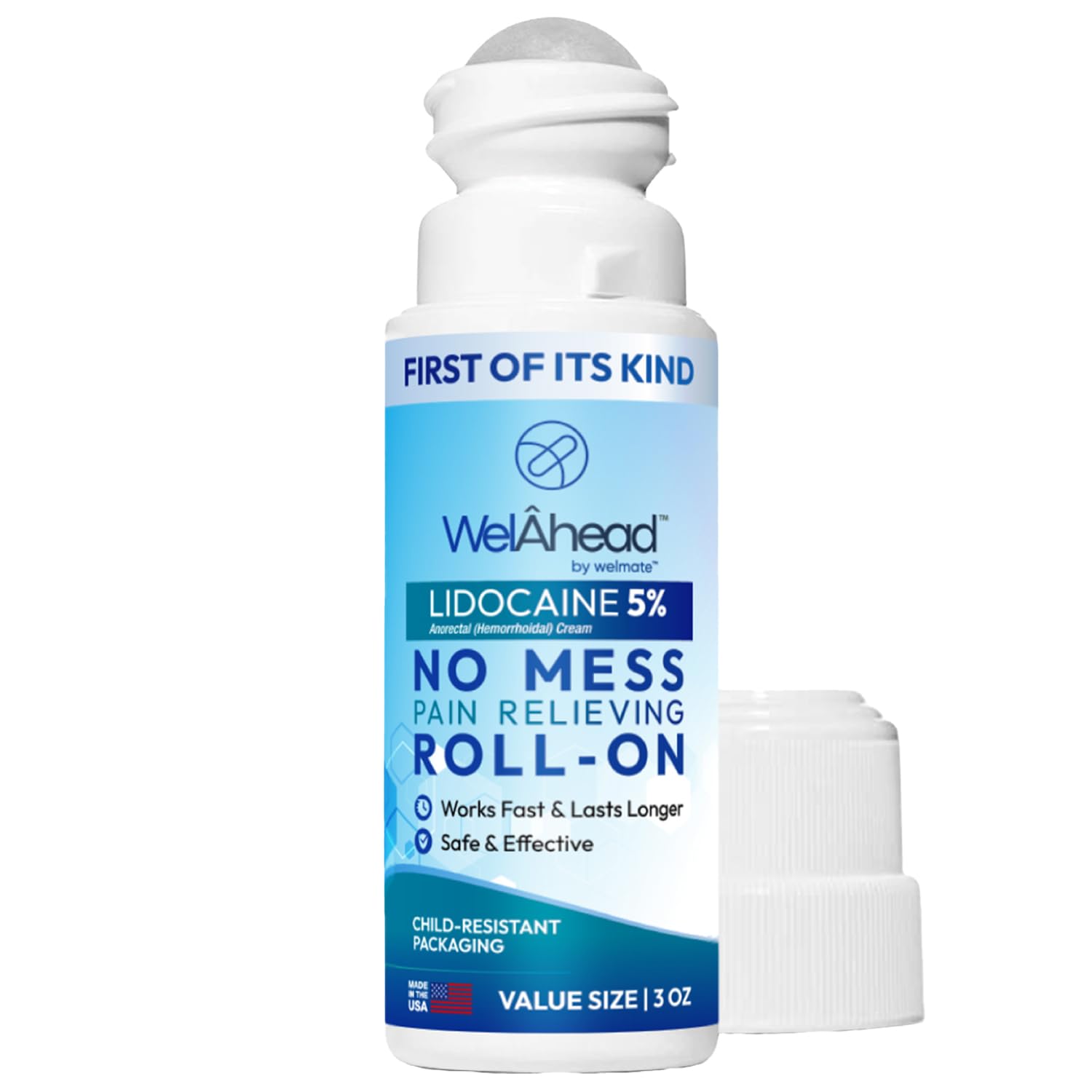 WELMATE - 5% Lidocaine Roll-On (3 oz Value Size) - No Mess Targeted Relief - Topical Anesthetic - Hemorrhoid Relief - Aloe Vera - Fast Acting & Long Lasting - Over-The-Counter Medication - First Aid WELMATE Au supplements