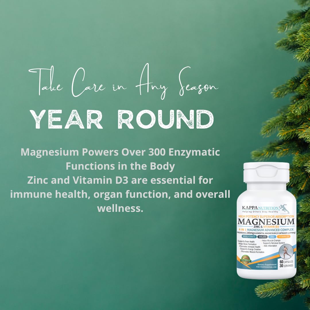 Kappa Nutrition Magnesium 4-in-1, 280mg Elemental Magnesium (Bisglycinate, Malate) + Zinc & Vitamin D3, Brain, Sleep, Energy, Muscle, Immune Support, 60 Vegan Capsules. KAPPA NUTRITION Au supplements