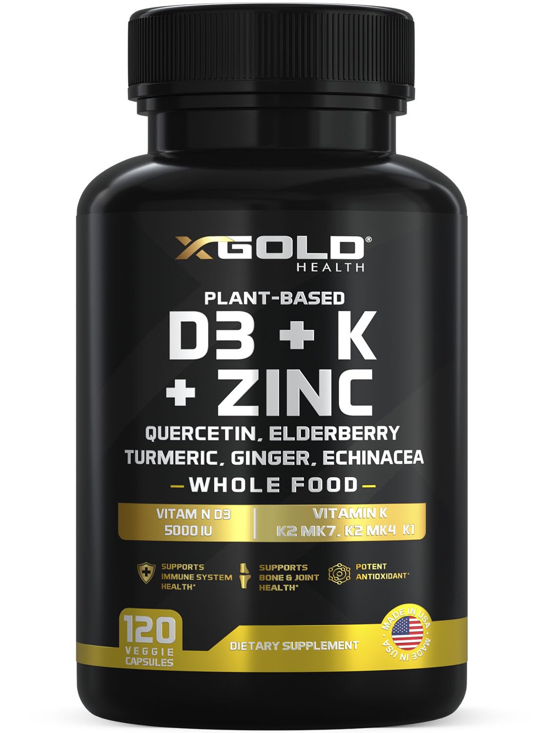 Vitamin D, K2, K1, Zinc, Quercetin, Elderberry, Turmeric, Ginger & Echinacea Whole Food Supplement 8 in 1- D3 5000 IU Plant-Based from Lichen, Vitamin K (K2 MK7, MK4, K1), D3 K2 Vitamins -120 Capsules X Gold Health Au supplements