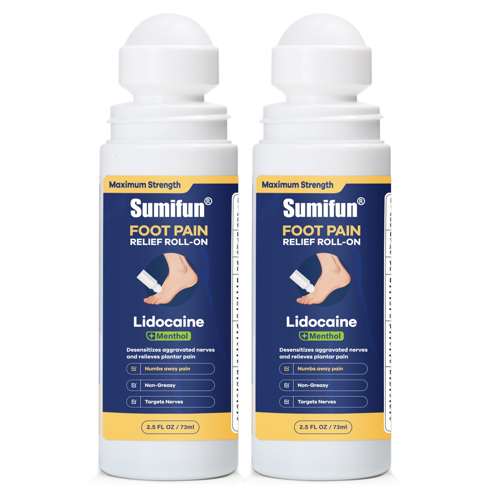 Sumifun Foot Pain Relief Lidocaine Roll-On - Maximum Strength OTC for Plantar Fasciitis & Heel Pain - Fast-Drying, Non-Greasy Formula, 2.5 Fl Oz * 2 Sumifun Au supplements