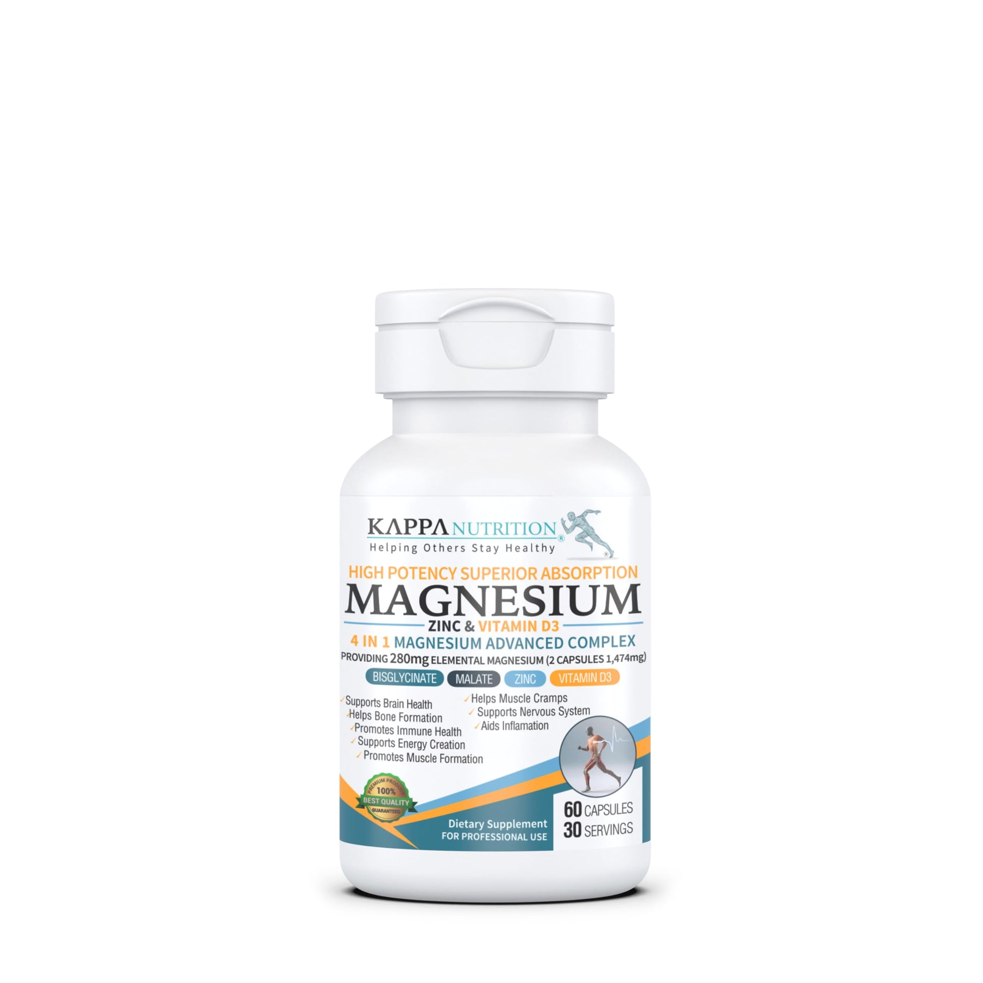 Kappa Nutrition Magnesium 4-in-1, 280mg Elemental Magnesium (Bisglycinate, Malate) + Zinc & Vitamin D3, Brain, Sleep, Energy, Muscle, Immune Support, 60 Vegan Capsules. KAPPA NUTRITION Au supplements