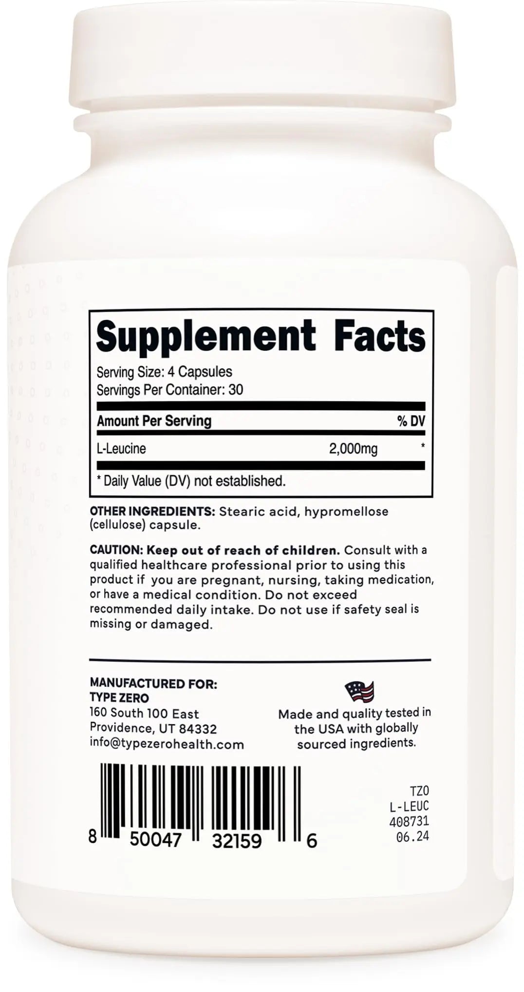 Type Zero L-Leucine Capsules (2000mg per Serving) 120 Capsules - 30 Servings Type Zero Au supplements
