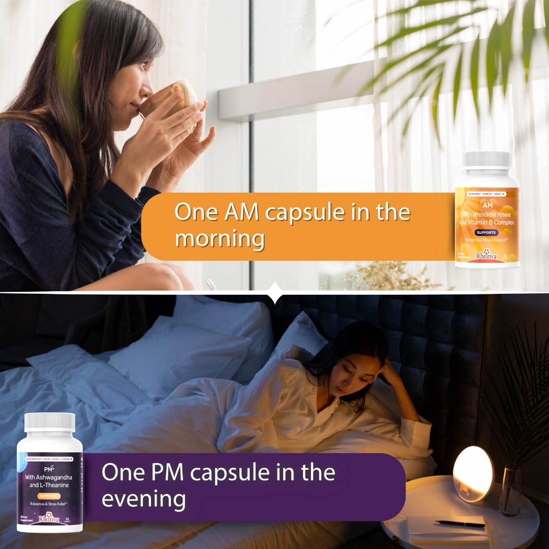 AM PM Multivitamin - Cortisol Supplements for Women and Men with L-Theanine, Ashwagandha - Rhodiola Rosea Supplement 200mg - Vitamin B Complex - Nootropics - Day and Night Vitamins for Women & Men Rhoziva Au supplements