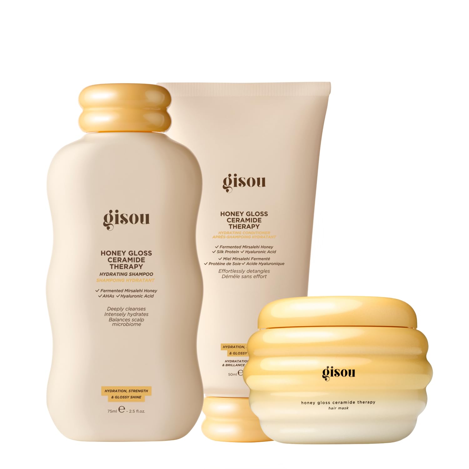 Gisou Honey Gloss Hair Therapy Trio - Mini Shampoo, Hair Mask and Conditioner for smoother, stronger and glossier hair Gisou Au supplements