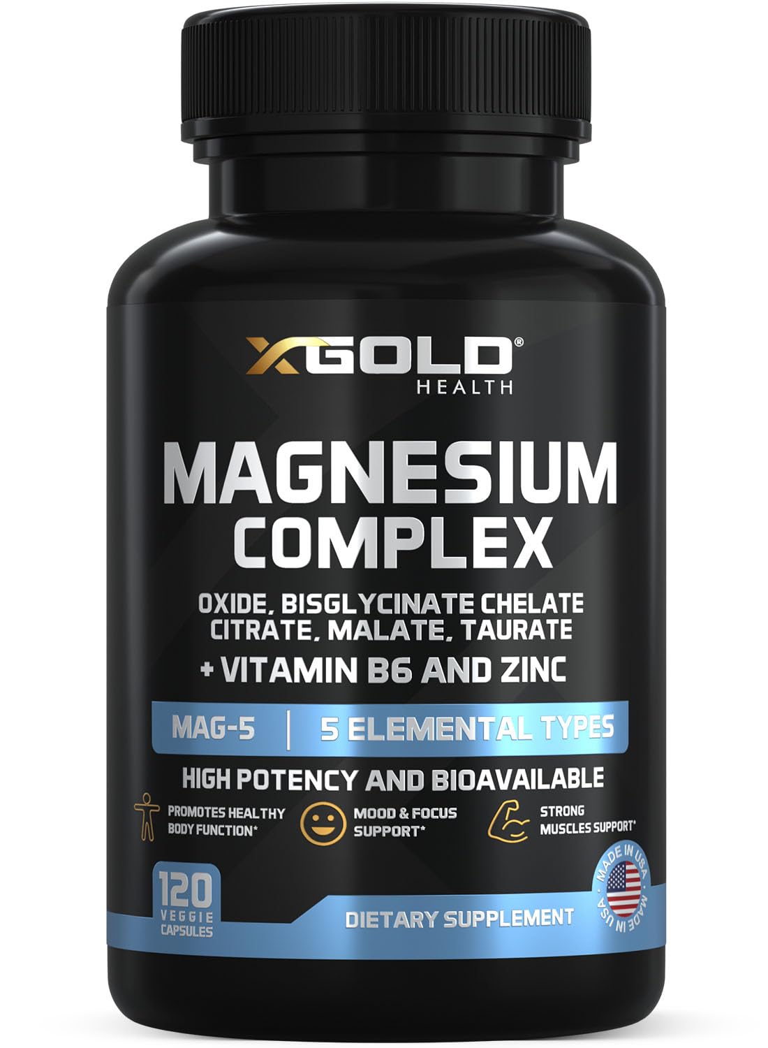 X Gold Health Magnesium Complex 5-in-1 with Zinc & B6 High Absorption Capsules (Glycinate, Citrate, Malate, Taurate, Oxide) Muscle Recovery, Energy, Sleep Support & Immune Health 500mg Made in USA X Gold Health Au supplements