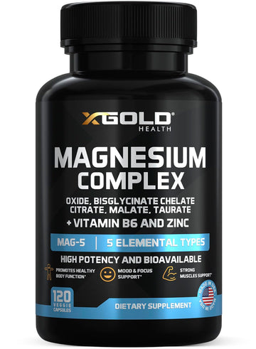 X Gold Health Magnesium Complex 5-in-1 with Zinc & B6 High Absorption Capsules (Glycinate, Citrate, Malate, Taurate, Oxide) Muscle Recovery, Energy, Sleep Support & Immune Health 500mg Made in USA X Gold Health Au supplements