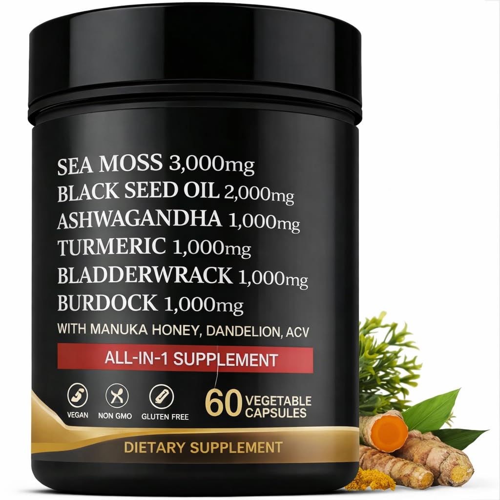 AZ ApexZone True Sea Moss Capsules Black Seed Oil Ashwagandha Burdock Root, Tumeric Supplement with Manuka Honey, Dandelion Root ACV - 60 Capsules - Multi Vitamin AZ ApexZone Au supplements