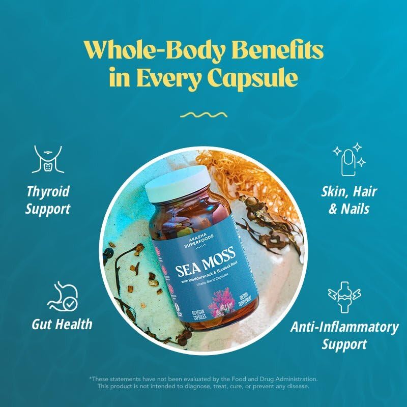 Akasha Superfoods Sea Moss Capsules, Organic Irish Moss with Bladderwrack Root, Burdock Root, and BioPerine, Skin, Thyroid, Digestion & Immunity Support for Women & Men, Gluten Free, Vegan, 60 Count Akasha Superfoods Au supplements