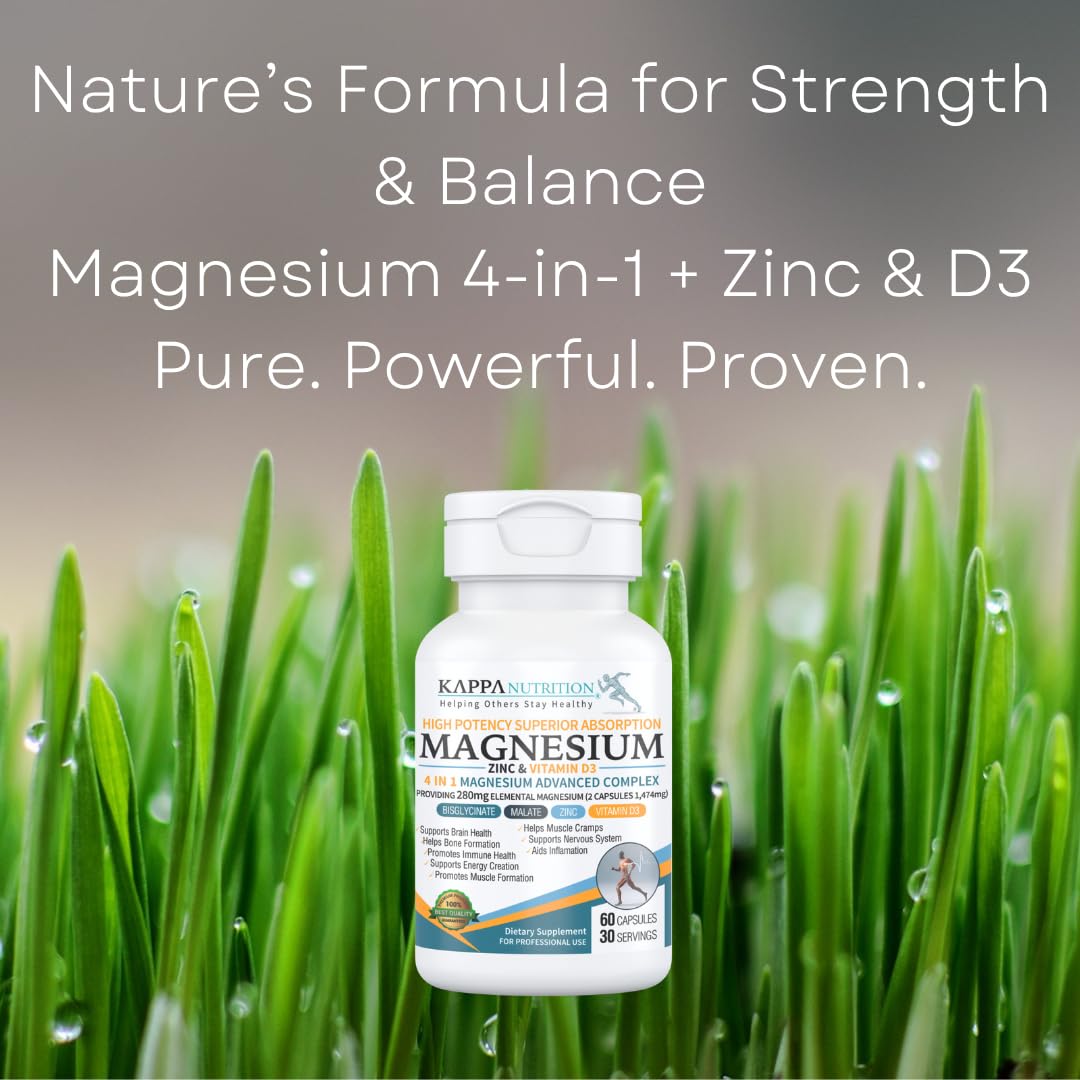 Kappa Nutrition Magnesium 4-in-1, 280mg Elemental Magnesium (Bisglycinate, Malate) + Zinc & Vitamin D3, Brain, Sleep, Energy, Muscle, Immune Support, 60 Vegan Capsules. KAPPA NUTRITION Au supplements