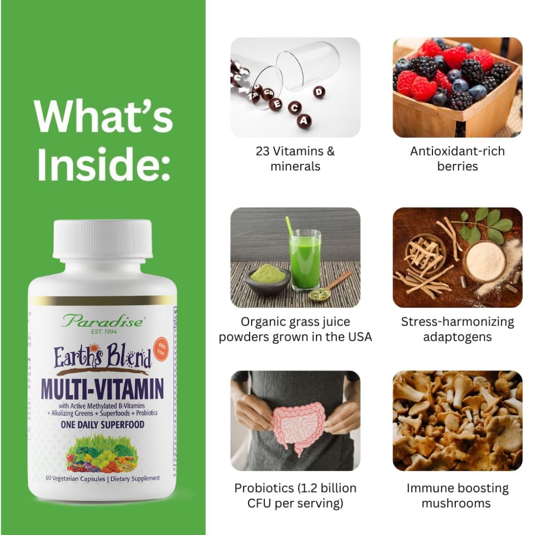 Paradise Herbs Earth's Blend Once Daily Multivitamin with Iron, 48 Organic Superfoods, Probiotics, Antioxidants, Vitamins A, B12, C, D, K2, 60 Capsules Paradise Herbs Au supplements