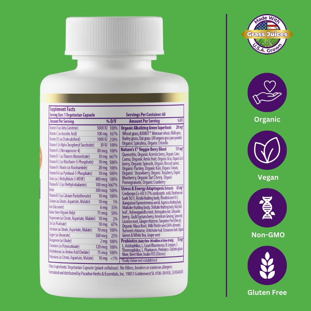 Paradise Herbs Earth's Blend Once Daily Multivitamin with Iron, 48 Organic Superfoods, Probiotics, Antioxidants, Vitamins A, B12, C, D, K2, 60 Capsules Paradise Herbs Au supplements