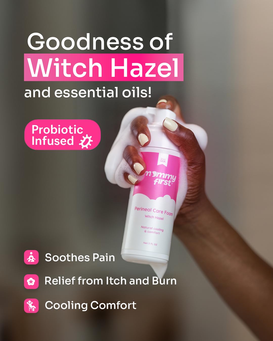 Mommy First® Alcohol-Free Witch Hazel Postpartum Healing Foam & Perineal Cooling Liners Bundle – Probiotic-Infused Relief for Perineal Pain, Itch & Burn After Birth – 24 Liners + 5oz Foam Mommy First Au supplements
