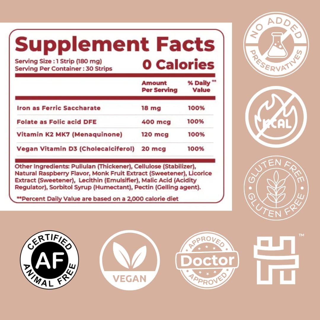 MedHugs NutriHugs Blood and Bone Support - Iron, Folate, Vitamin D3 and K2 - Fast-Dissolving Oral Thin Film Strips - Non-Constipating Iron - Vegan, Sugar-Free, Non-GMO - 30 Strips MedHugs Au supplements