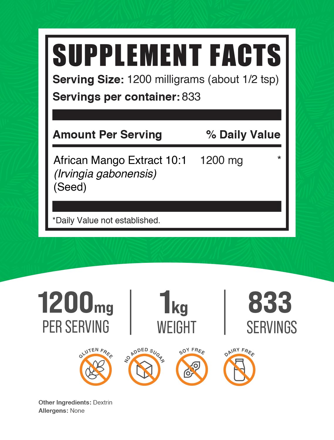 BulkSupplements.com African Mango Extract Powder - Irvingia Gabonensis, African Mango Powder - Gluten Free, 1.2g per Serving, 1kg (2.2 lbs) (Pack of 1) BulkSupplements Au supplements