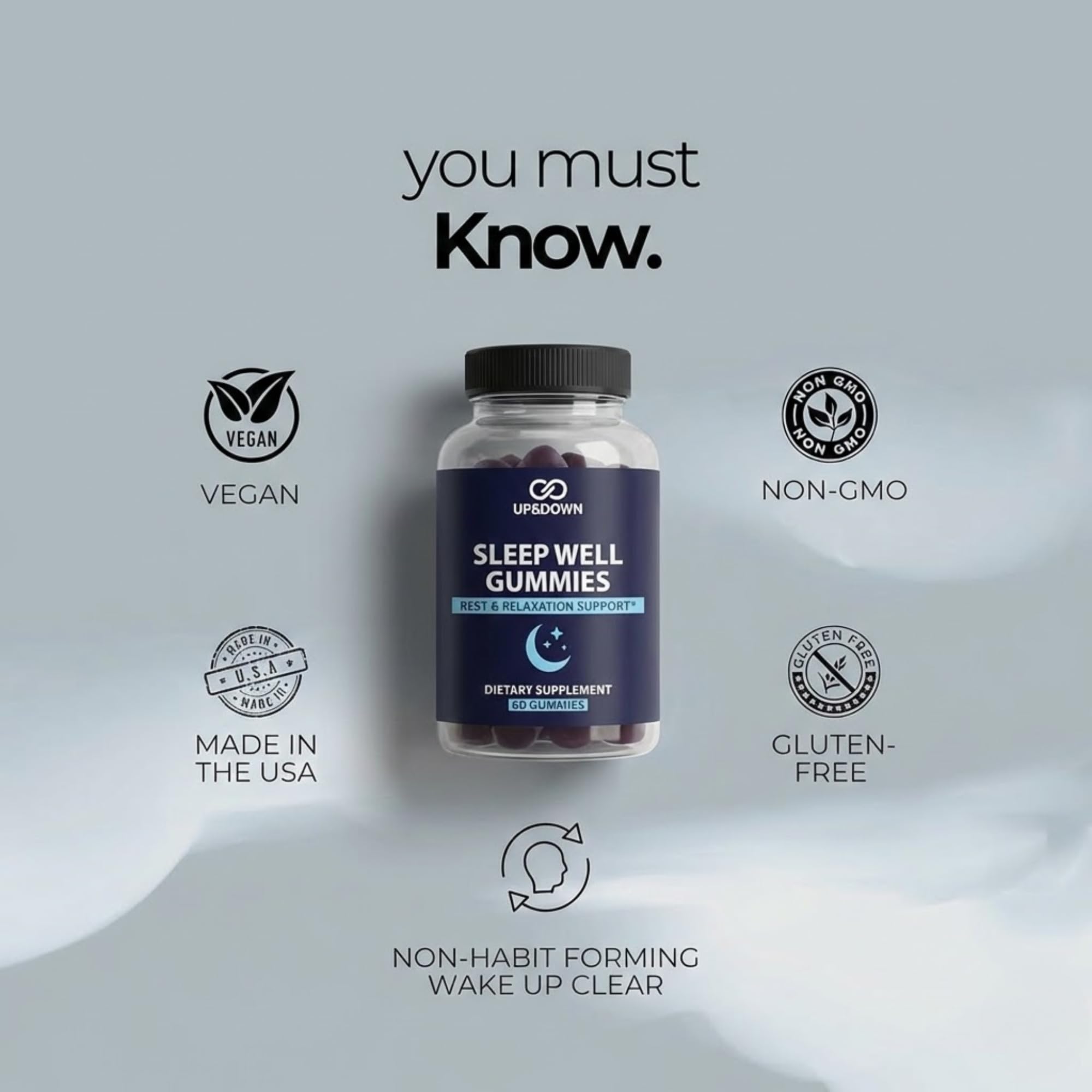 Up&Down Supplements Sleep Well Gummies | Deeper Sleep, Relaxation, Rest & Recovery Support | Melatonin, Vitamin B6 & Passionflower | Made in USA | Vegan, Non-GMO, Gluten Free | 60 Sleep Gummies Up&Down Supplements Au supplements