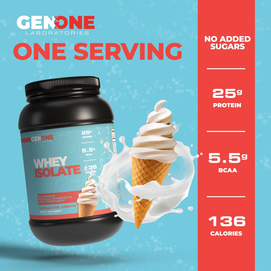 GenOne Whey Protein Powder Isolate, 25g Protein and 5.5g BCAAs per Serving, Vanilla Ice GENONE LABORATORIES Au supplements