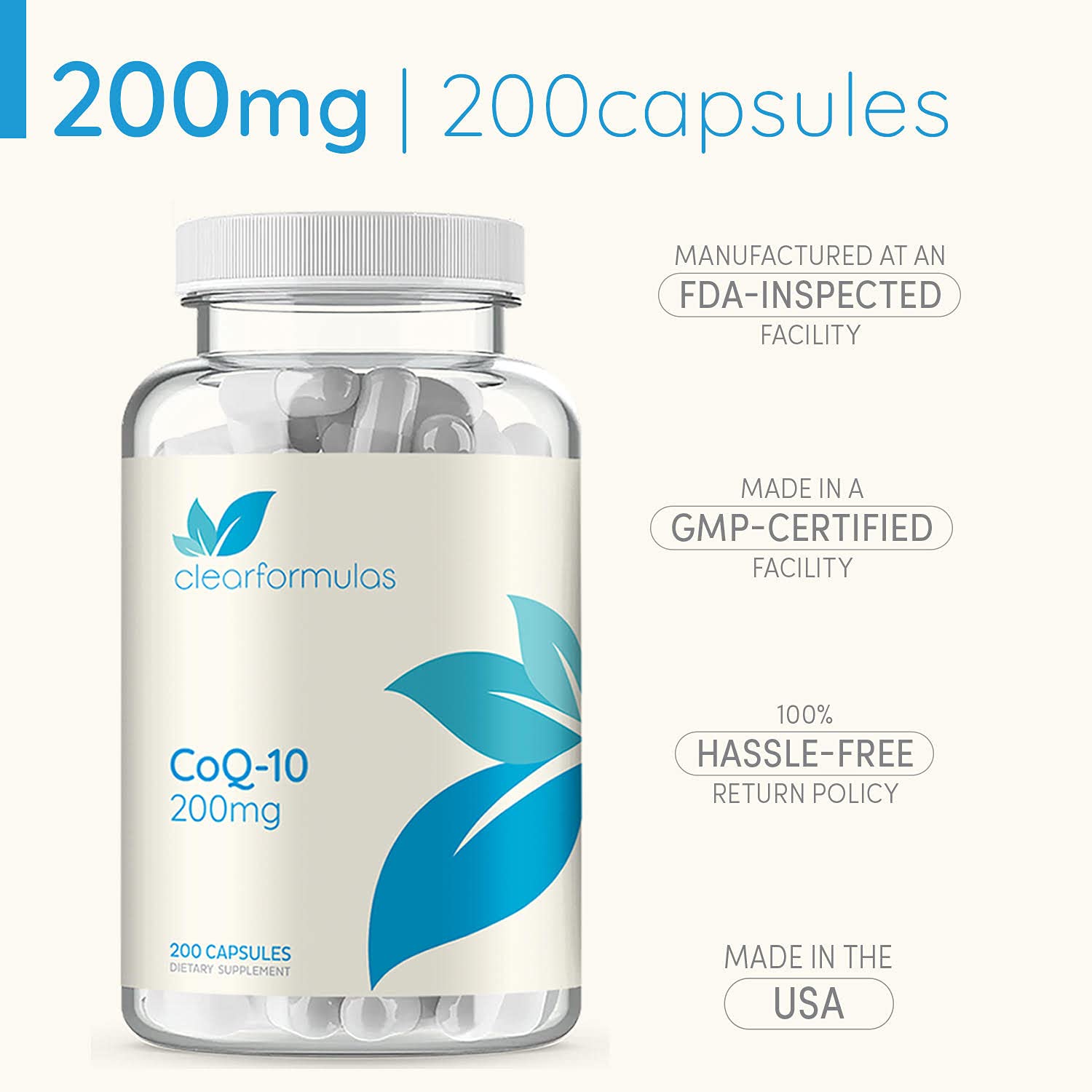 Clear Formulas CoQ10 200mg 200 Capsules Quick Absorption Non-GMO Clear Formulas Au supplements