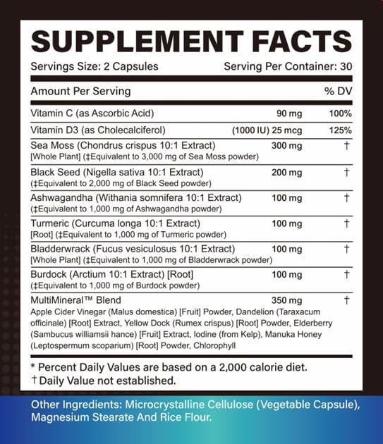Trisundi Sea Moss Complex with Black Seed Oil, Ashwagandha & Burdock Root – All-in-One Herbal Supplement with Vitamins & Minerals – 60 Capsules Trisundi Au supplements