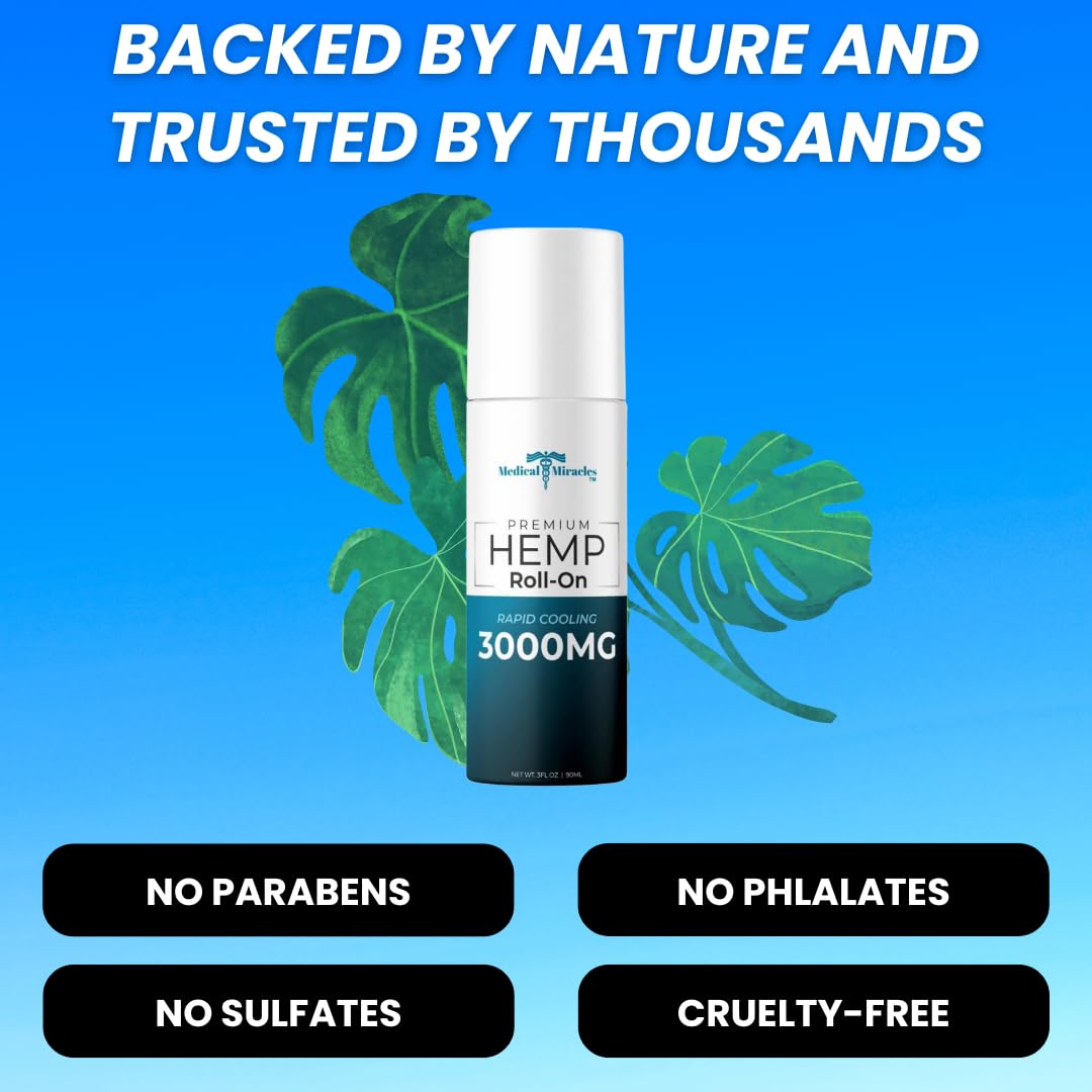Medical Miracles New Hemp Oil Roll On - Ideal for Muscles, Hips, Joints, Neck, Back, Elbows, Fingers, Hands, and Knees (3000mg Roll-On) Medical Miracles Au supplements
