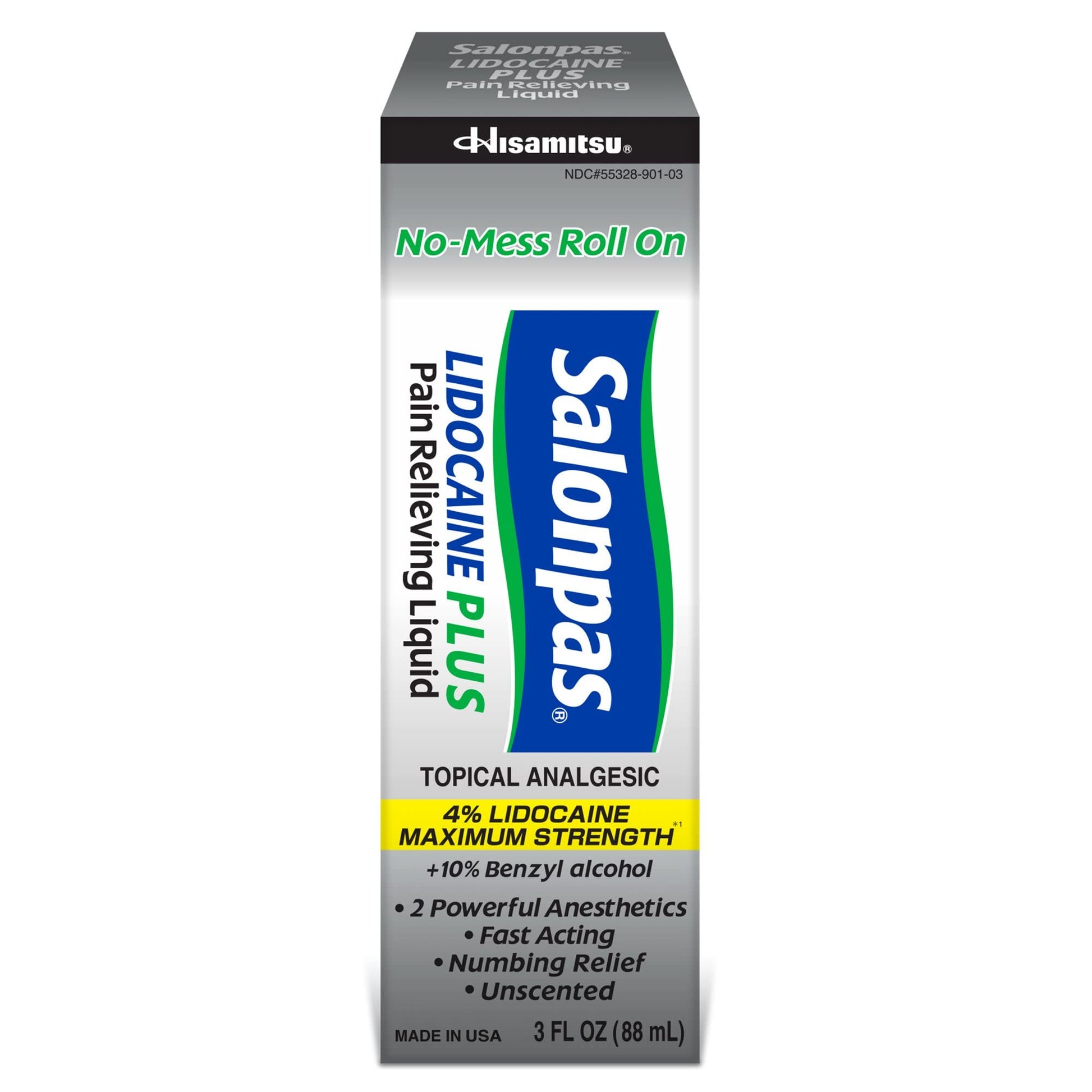 Salonpas LIDOCAINE Plus 3 oz ROLL ON Pain Relieving Liquid! Maximum Strength 4% Lidocaine for Numbing Pain Relief! Mess Free Application! (3 Pack) Salonpas Au supplements