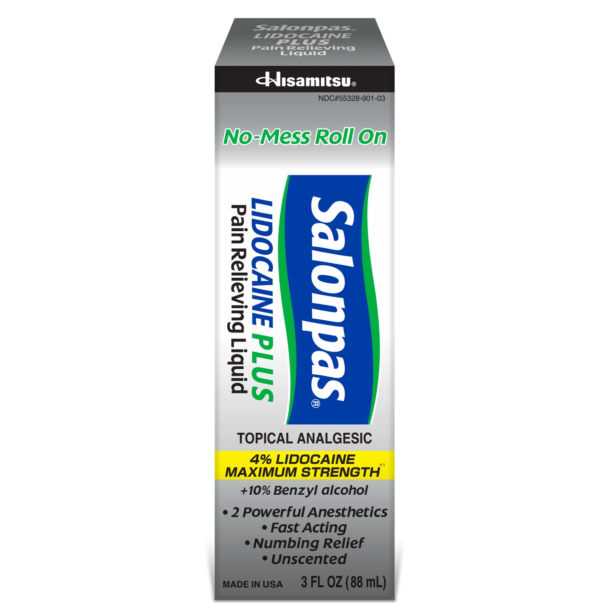 Salonpas LIDOCAINE Plus 3 oz ROLL ON Pain Relieving Liquid! Maximum Strength 4% Lidocaine for Numbing Pain Relief! Mess Free Application! (3 Pack) Salonpas Au supplements