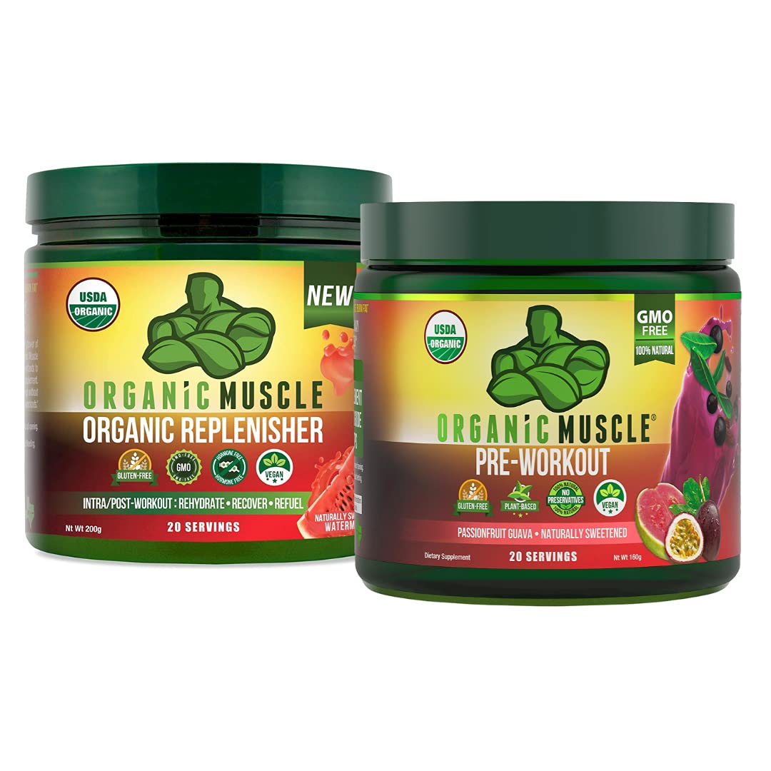 Organic Muscle Bundle - Pre-Workout Powder for Energy (Passionfruit Guava) + Replenisher Organic Muscle Au supplements