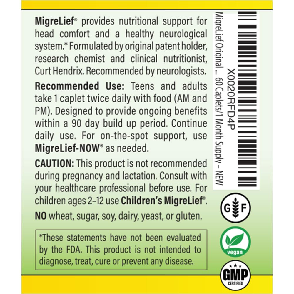 MigreLief Original Triple Therapy with Puracol - Nutritional Support for Migraine Sufferers - 60 Caplets/1 Month Supply MigreLief Au supplements