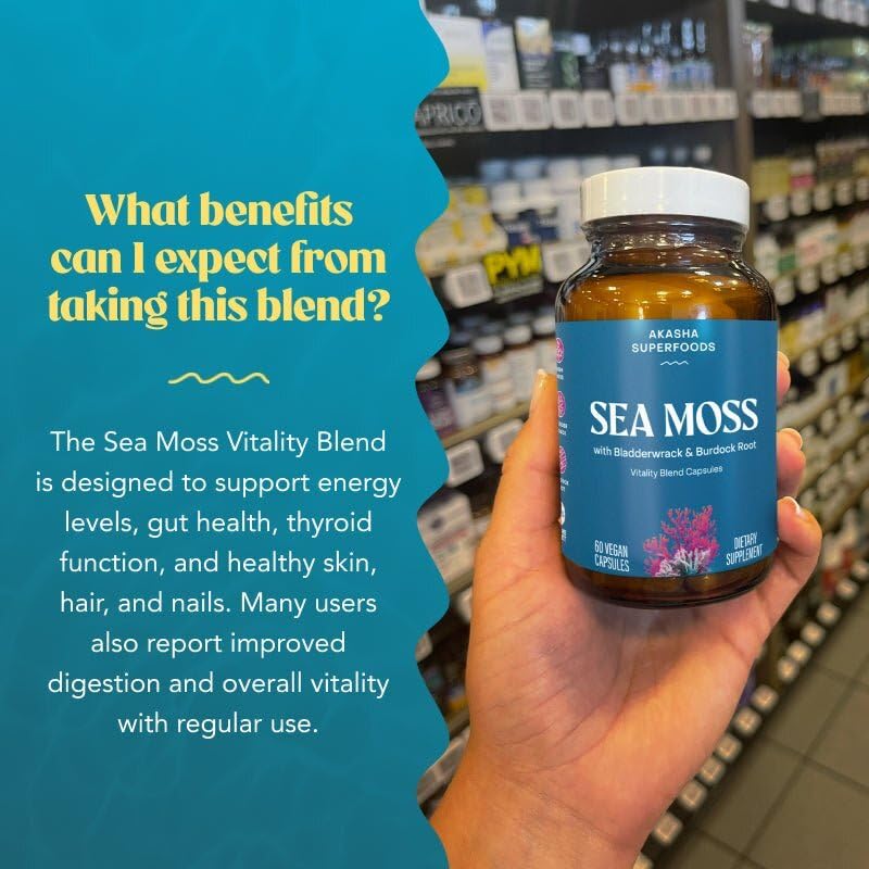 Akasha Superfoods Sea Moss Capsules, Organic Irish Moss with Bladderwrack Root, Burdock Root, and BioPerine, Skin, Thyroid, Digestion & Immunity Support for Women & Men, Gluten Free, Vegan, 60 Count Akasha Superfoods Au supplements